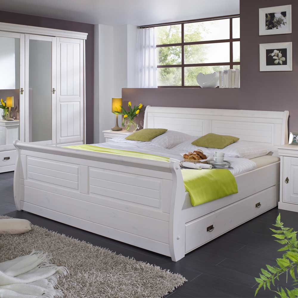 Doppelbett Pigaro in Weiß aus Kiefer Massivholz
