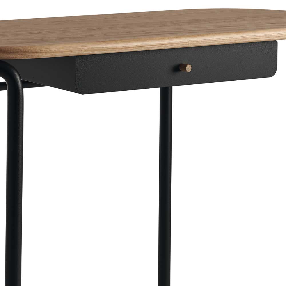 Schreibtisch Ancona mit abgerundeter Massivholzplatte und schwarzem Metallgestell