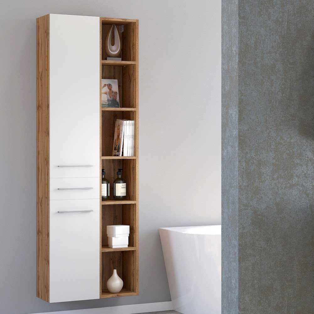 Badezimmer Seitenschrank Vidorella in Weiß und Wildeiche Optik 30 cm breit