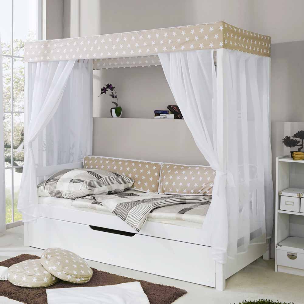 Kinder Himmelbett Anguro in Weiß Beige mit Zusatzbett 90x200 cm