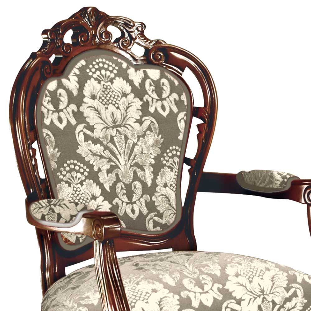 Barockstil Armlehnstuhl Daltiana mit Ornament Webstoff in Creme und Taupe