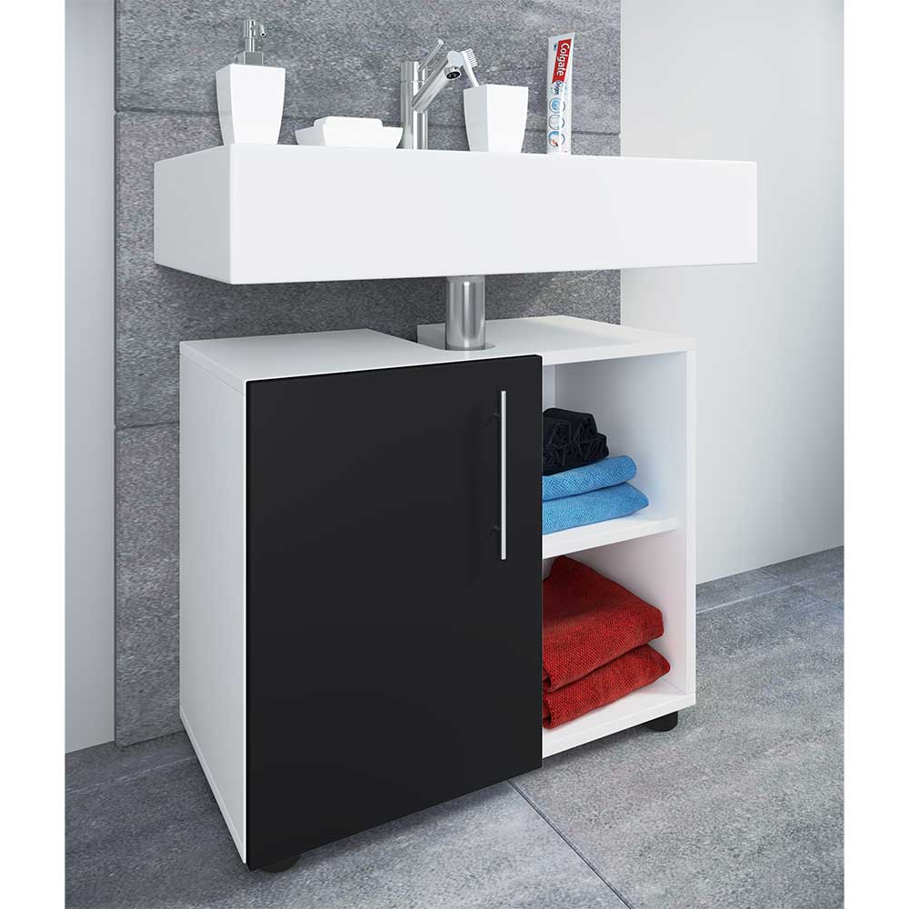 Waschschrank Litora in Weiß und Schwarz mit Drehtür und offenen Fächern