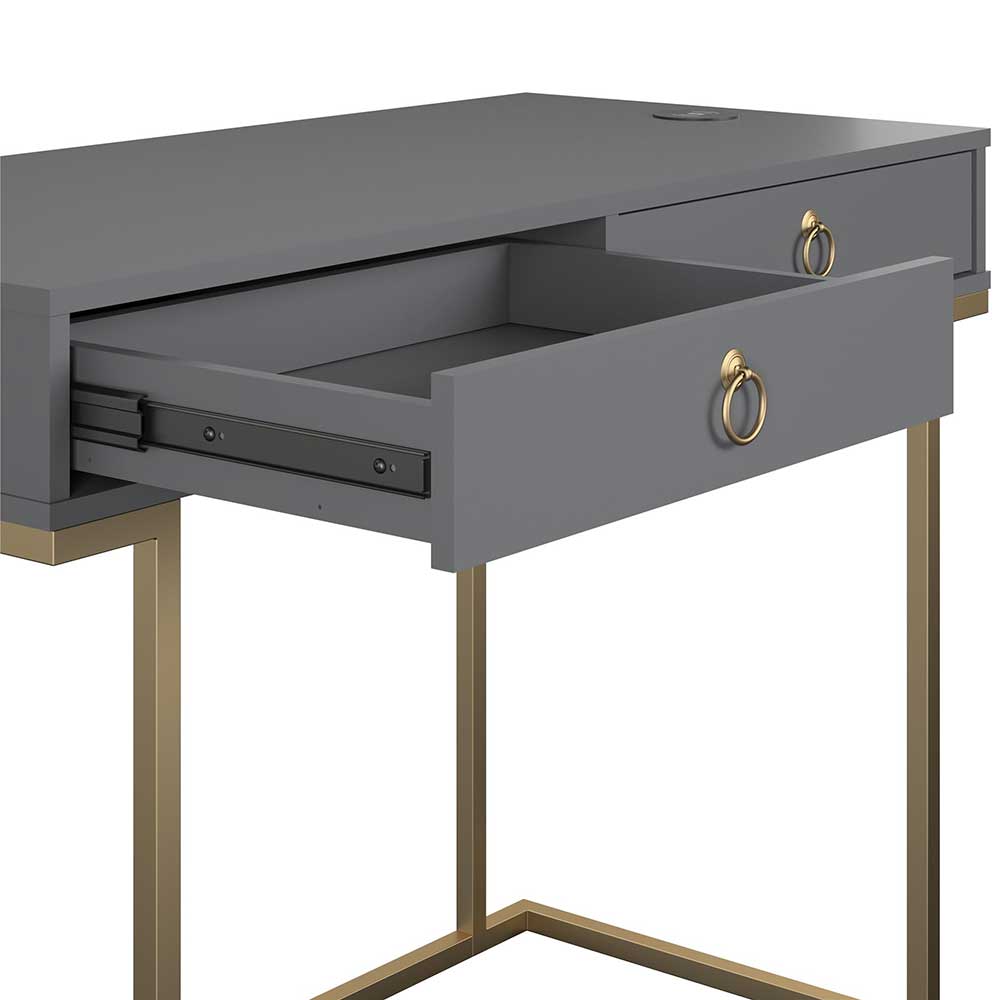 Schreibtisch Soera in Grau und Goldfarben mit zwei Schubladen