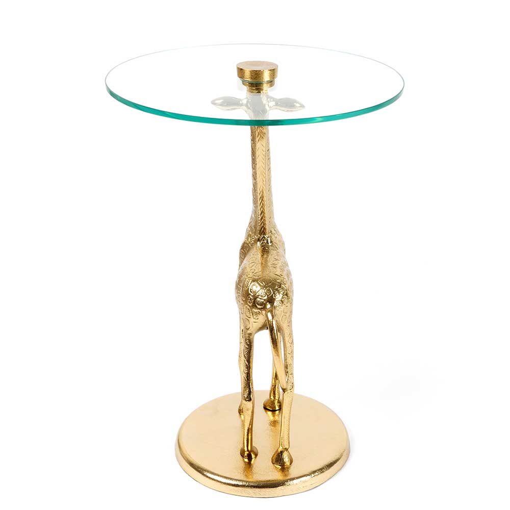 Glas Beistelltisch Prinzessin mit Säulengestell in Giraffenform goldfarbig