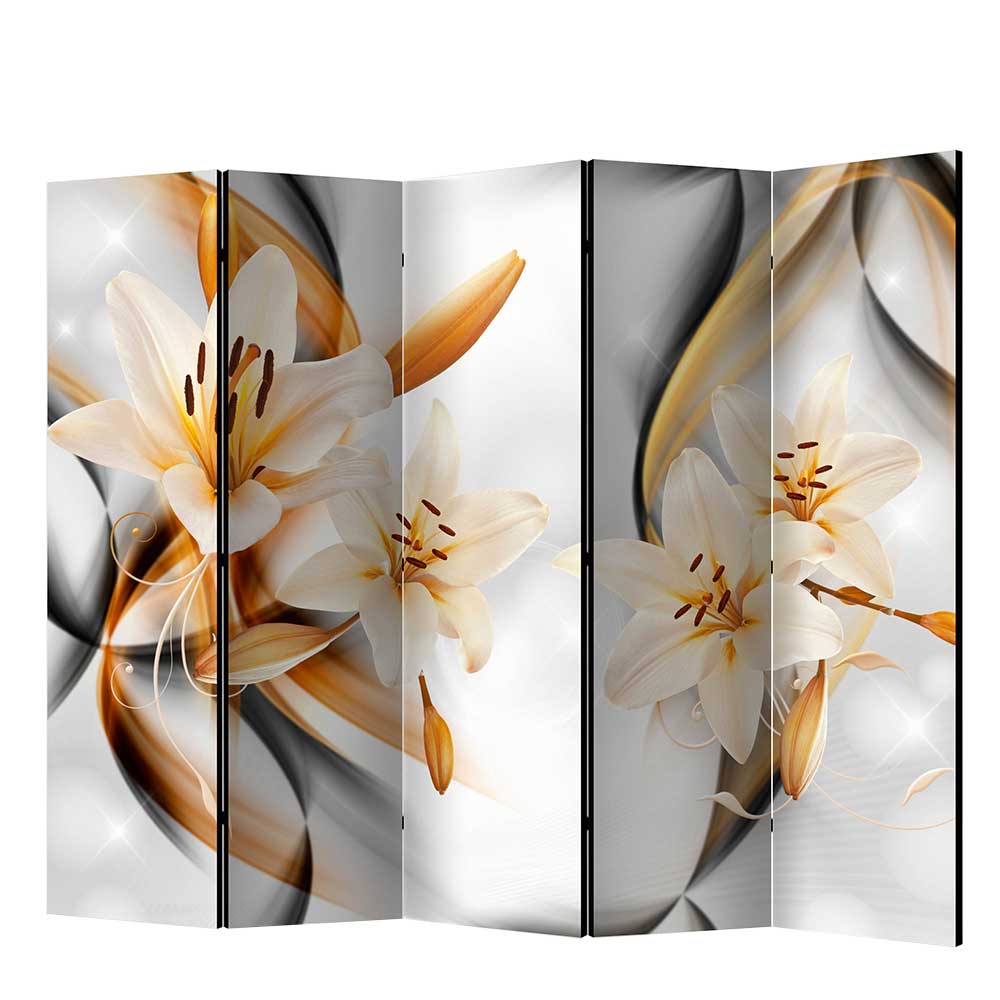Paravent floral Jewelo in Cremeweiß und Ocker mit Lilien Motiv