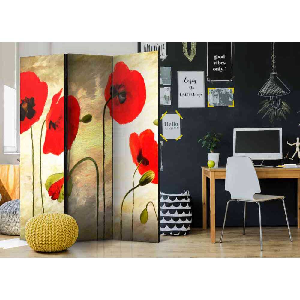 Design Raumteiler Paravent Kezmina 135 cm breit mit Mohnblumen Motiv
