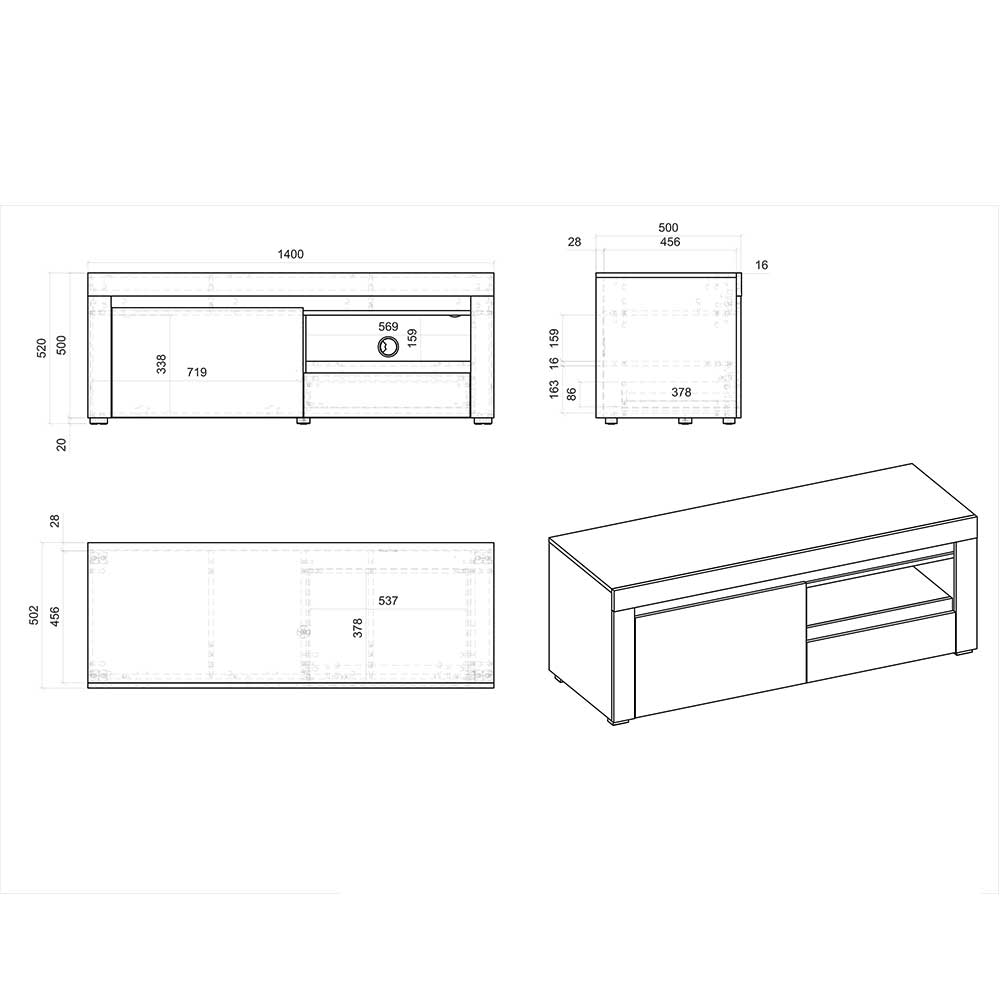 Kompaktes TV Lowboard Wasliava in Weiß und Steinoptik Grau