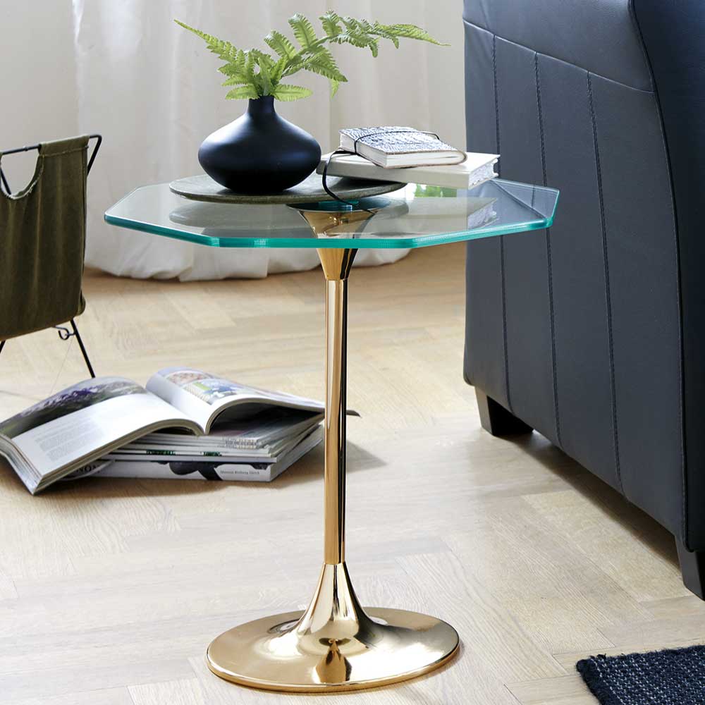 Glas Tisch Adakras mit achteckiger Tischplatte Gestell in Goldfarben