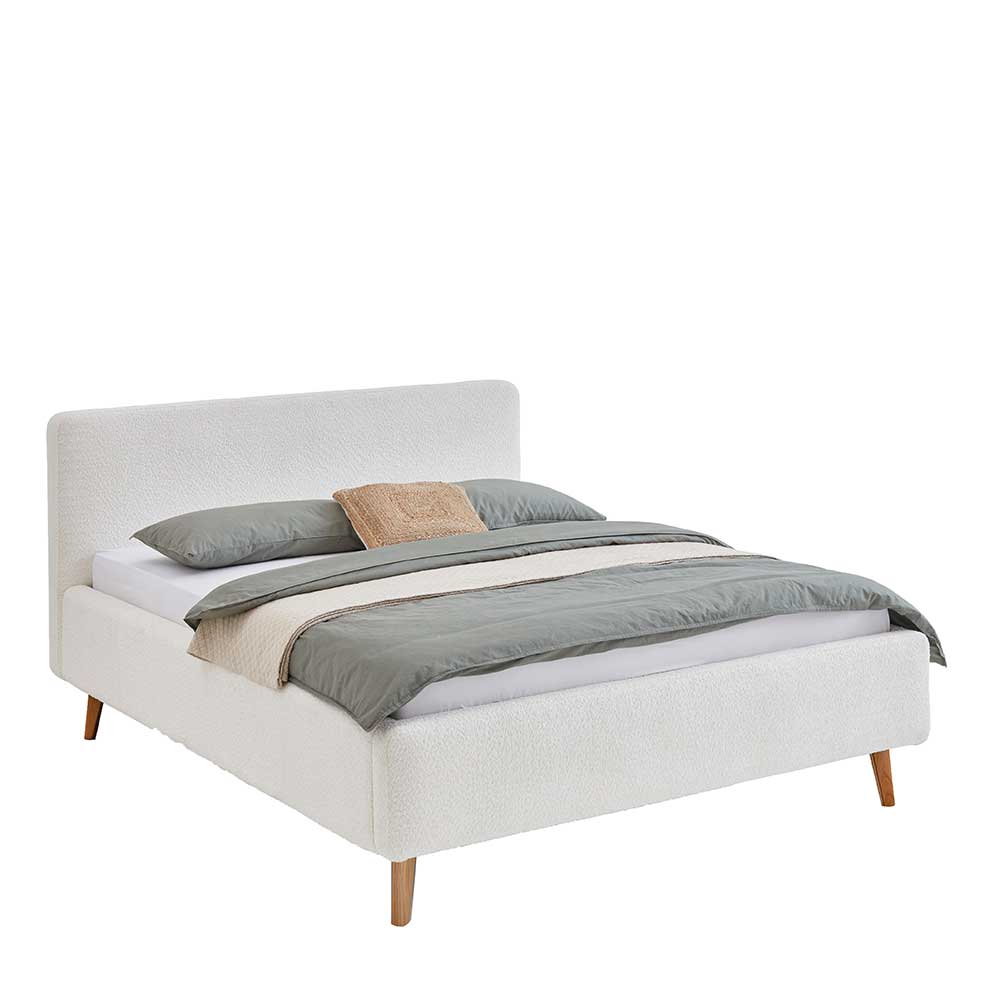 Polster Bett Cremeweiß Uarte aus Webplüsch mit Vierfußgestell aus Holz