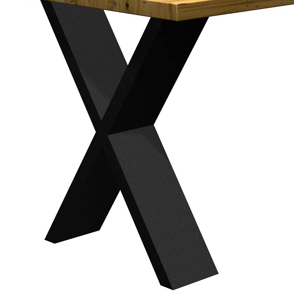 Holztisch massiv Eiche Acillona mit Metall X Gestell in Schwarz