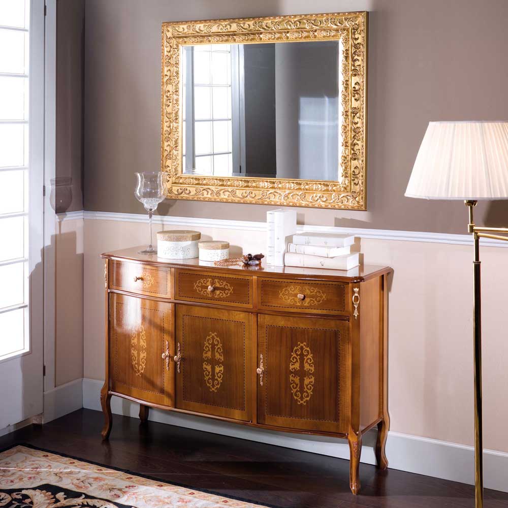 Barock Möbel Set Marzonas mit Sideboard und Spiegel in Nussbaumfarben und Gold (zweiteilig)