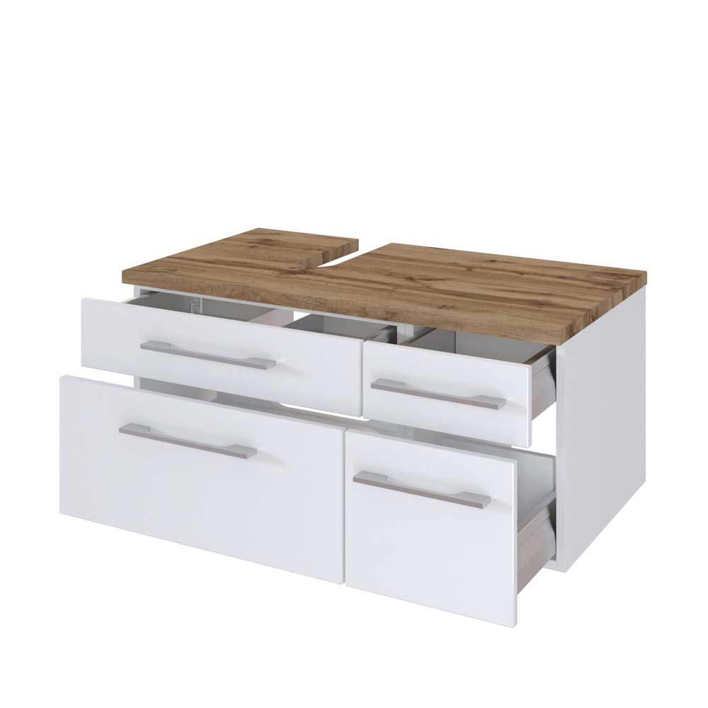 Design Waschtischkonsole Tropezia in Weiß und Wildeiche Dekor mit vier Schubladen