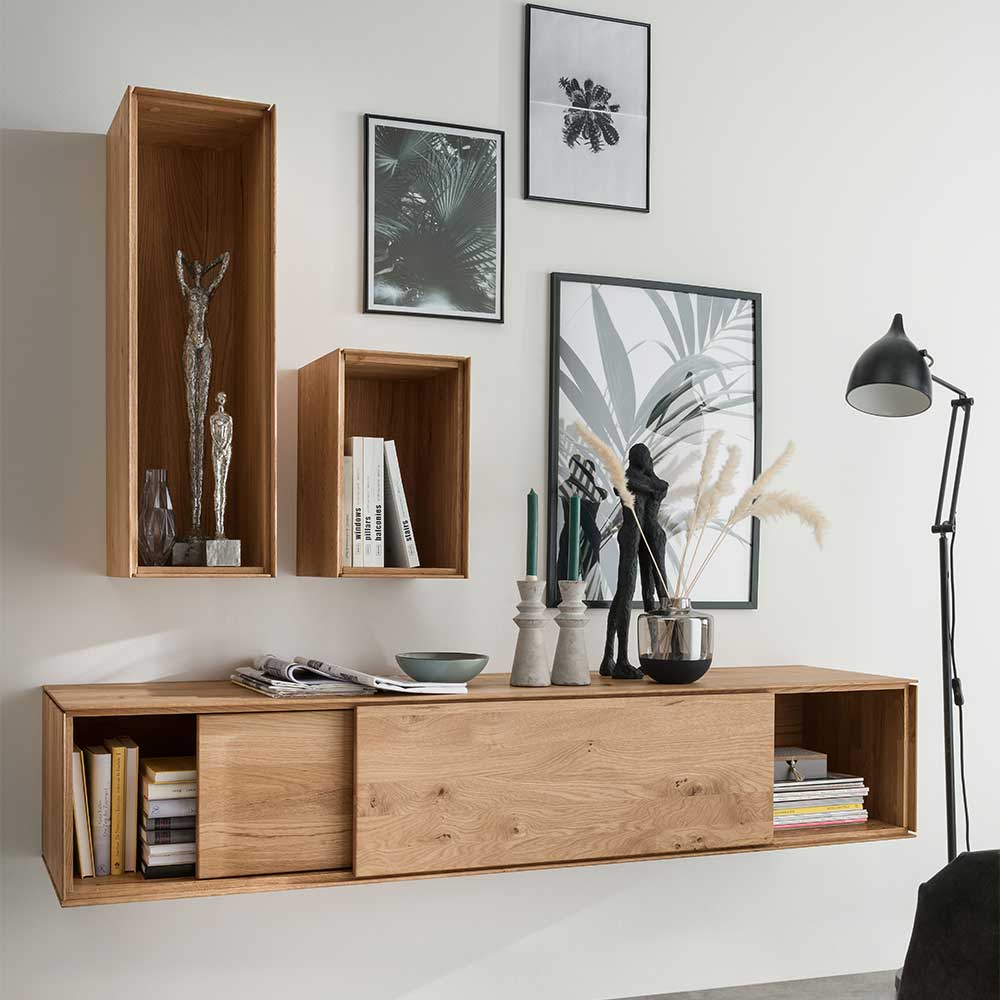 Designer Wohnwand Rennia aus Wildeiche Massivholz 170 cm breit (dreiteilig)