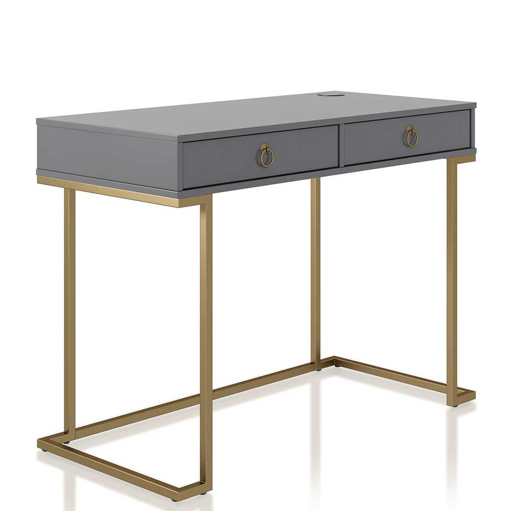 Schreibtisch Soera in Grau und Goldfarben mit zwei Schubladen