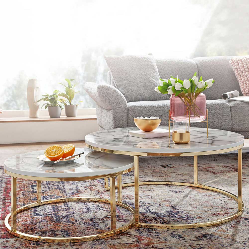 Wohnzimmer Tisch Set Synaro in Weiß Hochglanz Marmor Optik und Gold (zweiteilig)