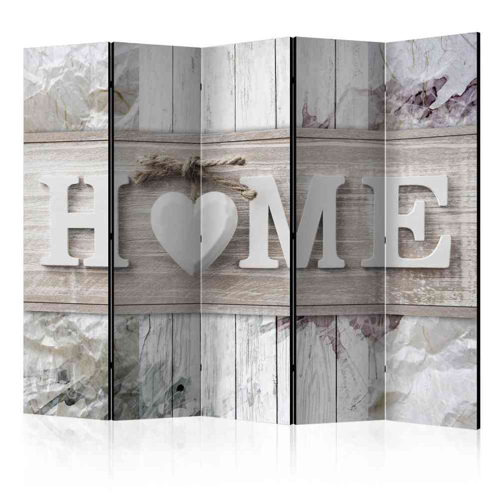 Paravent Tergola in Holz Optik mit Home Schriftzug in Grau und Weiß