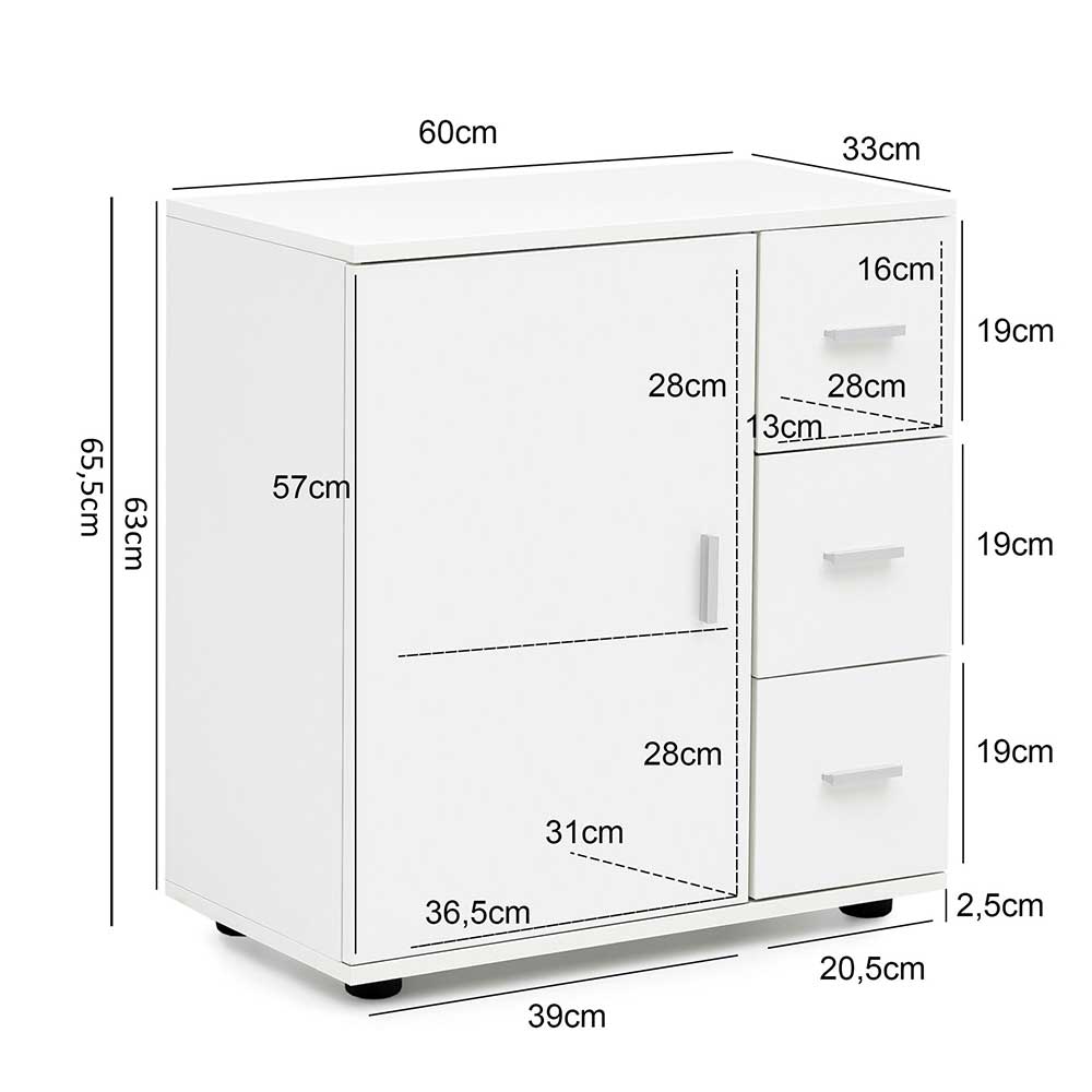 Weiße Badkommode Salverna 60 cm breit mit drei Schubladen und Tür