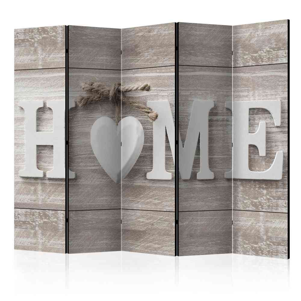 Design Paravent Timent mit HOME Aufschrift und Herz Motiv in Holz White Wash Optik