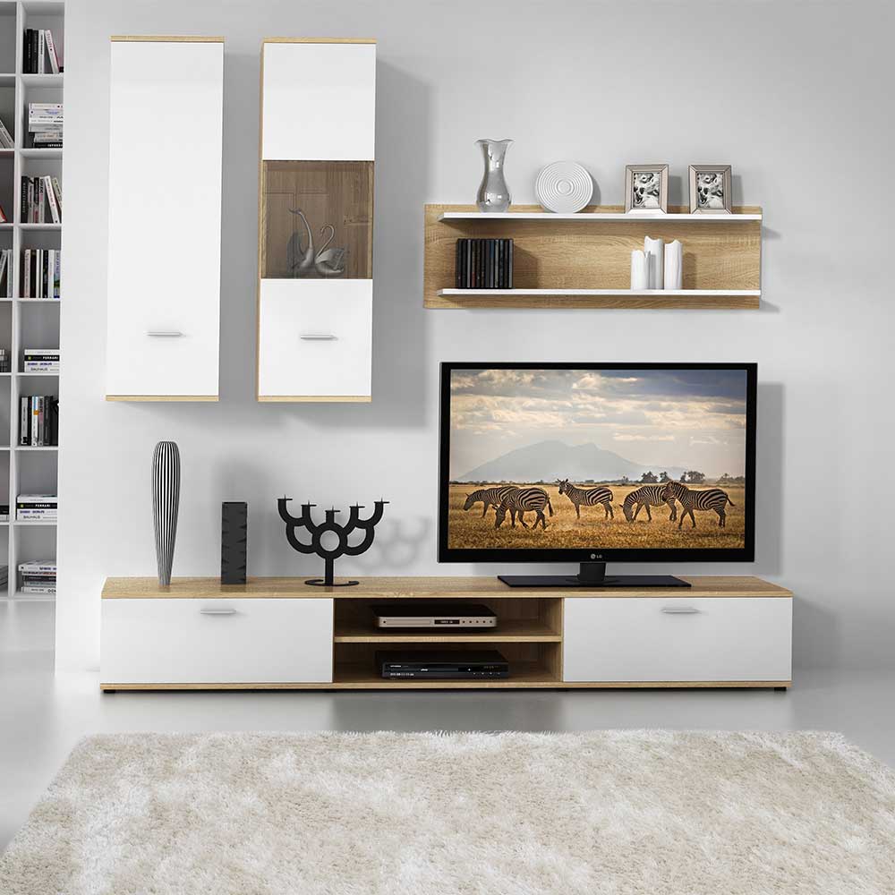 TV Wohnwand Classico in Weiß und Eiche Sonoma 190 cm breit (vierteilig)