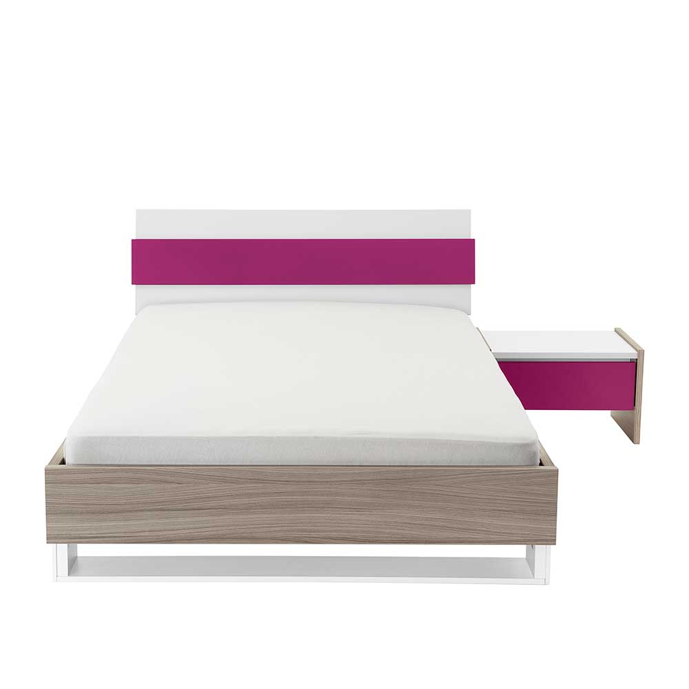 Mädchen Futonbett mit Nachtkonsole Vadrus in Holz Pink Weiß (zweiteilig)