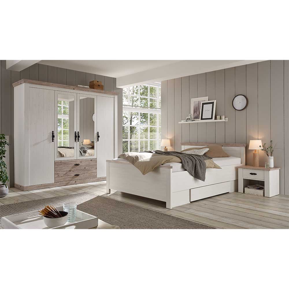 Schlafzimmer Flurencina in Weiß und Pinienfarben mit 140x200 cm Bett (vierteilig)