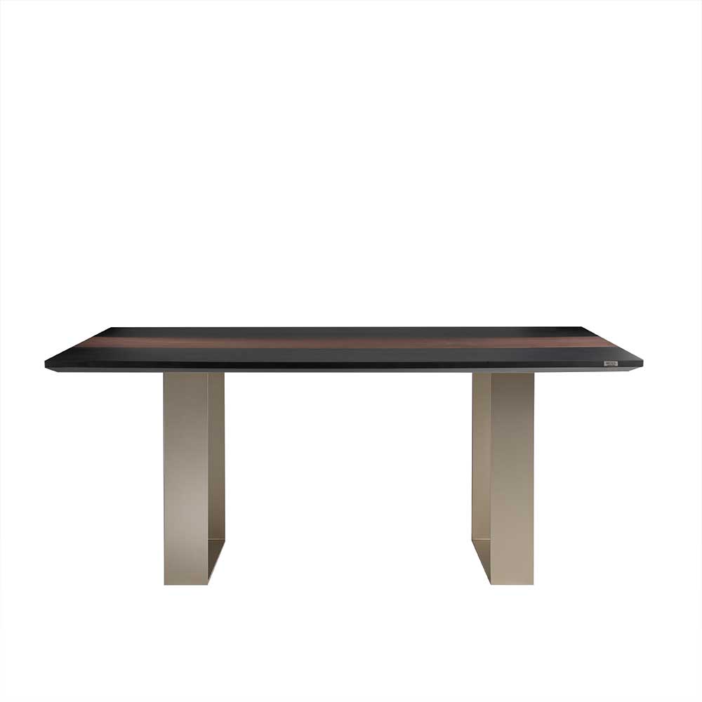Premium Esszimmer Tisch Sisam in Schwarz & Nussbaumfarben mit Metallbügelgestell