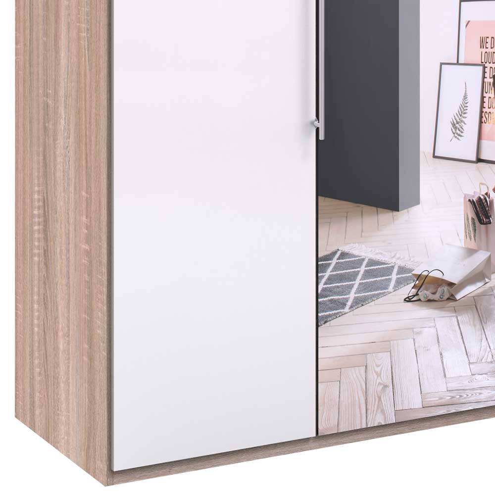 Premium Schlafzimmerschrank Andryas in Weiß und Eiche Sägerau mit Spiegel