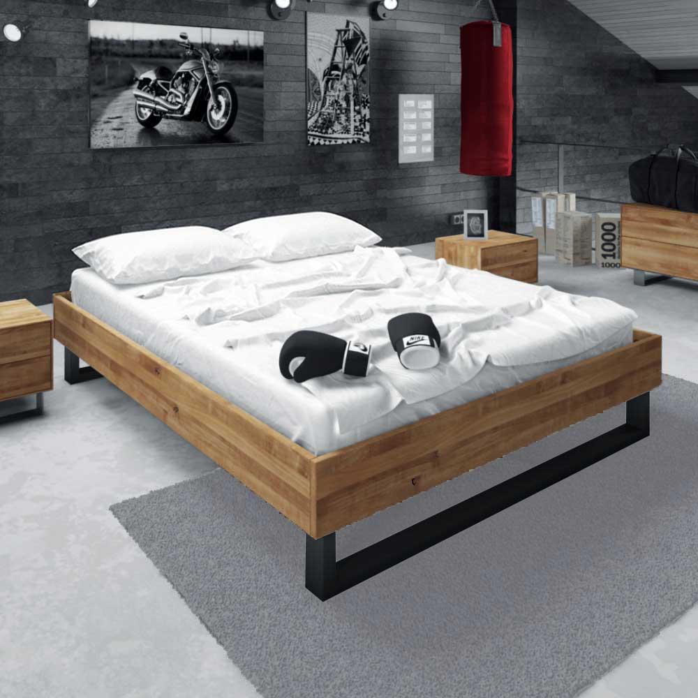Design Bett Vaneri aus Wildeiche Massivholz ohne Kopfteil