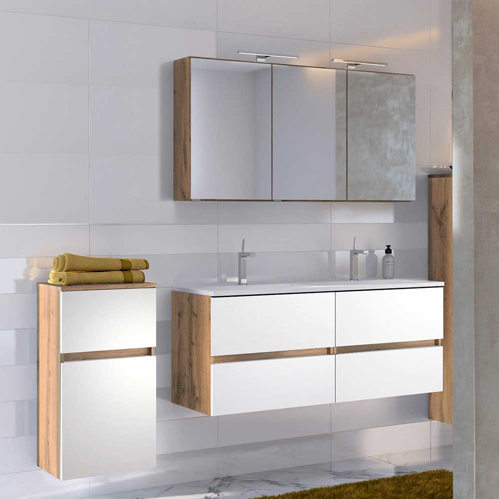 Waschplatz Möbel Tacava in Weiß und Wildeiche mit Doppel Waschtisch (dreiteilig)
