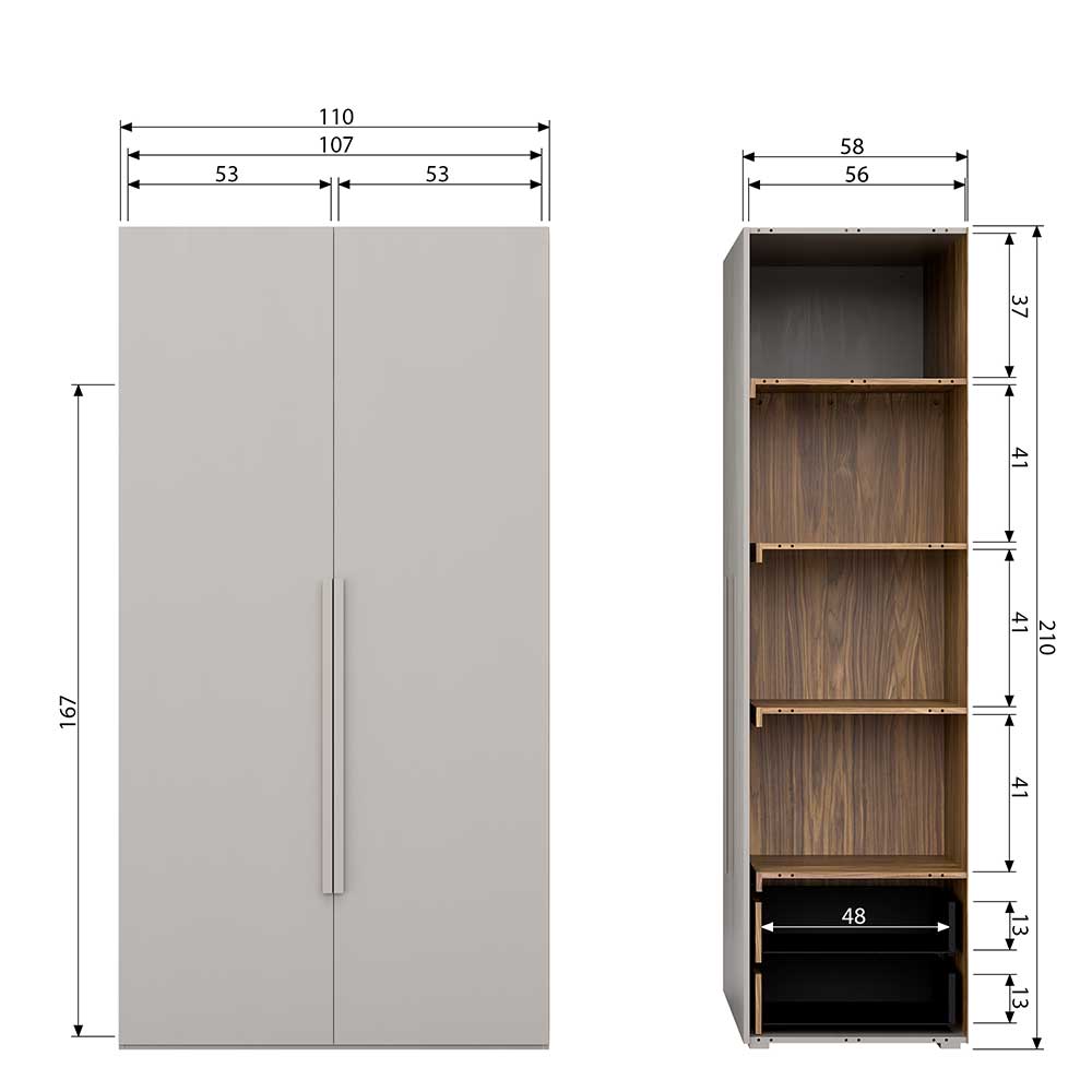 Skandi Design Schlafzimmerschrank Vivien in Grau 110 cm breit