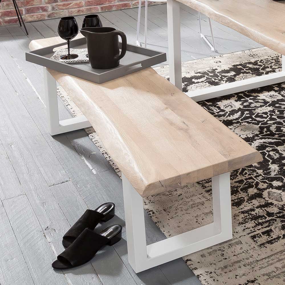 Baumkanten Tisch und Bank Lavronica aus Eiche White Wash und Metall (zweiteilig)