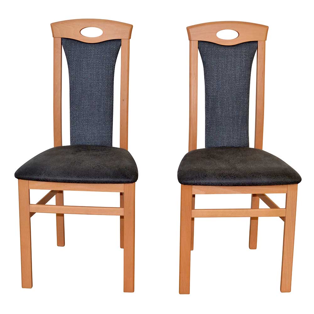 Holz Stühle mit Polster Louan in Buchefarben und Anthrazit (2er Set)