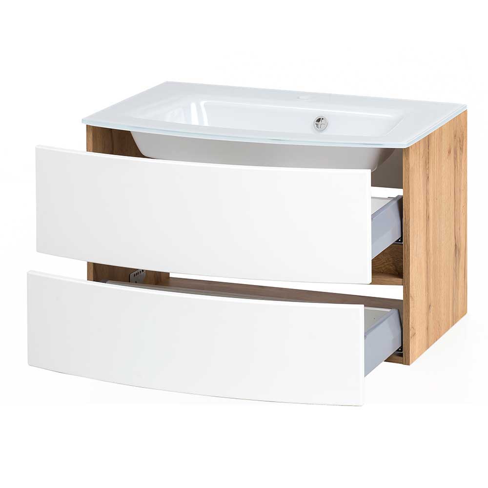 Moderne Badmöbel Zataico in Weiß und Wildeiche Optik 120 cm breit (vierteilig)