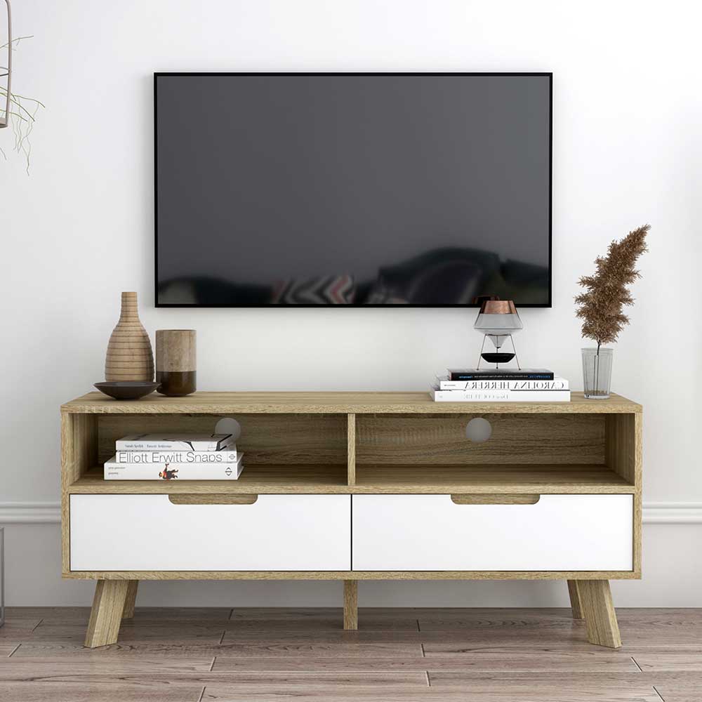 Skandi Design TV Board Sialom in Sonoma-Eiche und Weiß 140 cm breit