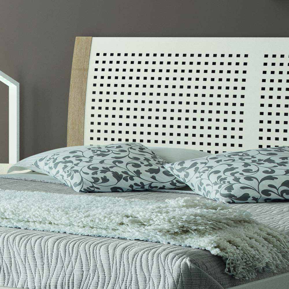 Designerbett Dancona in Weiß Metall mit Eiche Massivholz modern