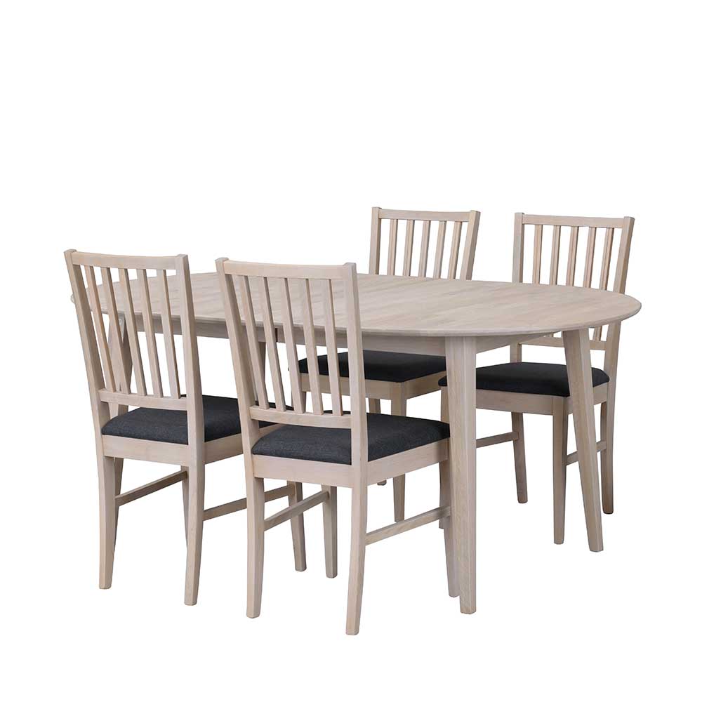 Esstischgruppe Vurian aus Eiche White Wash massiv mit ovalem Tisch (fünfteilig)