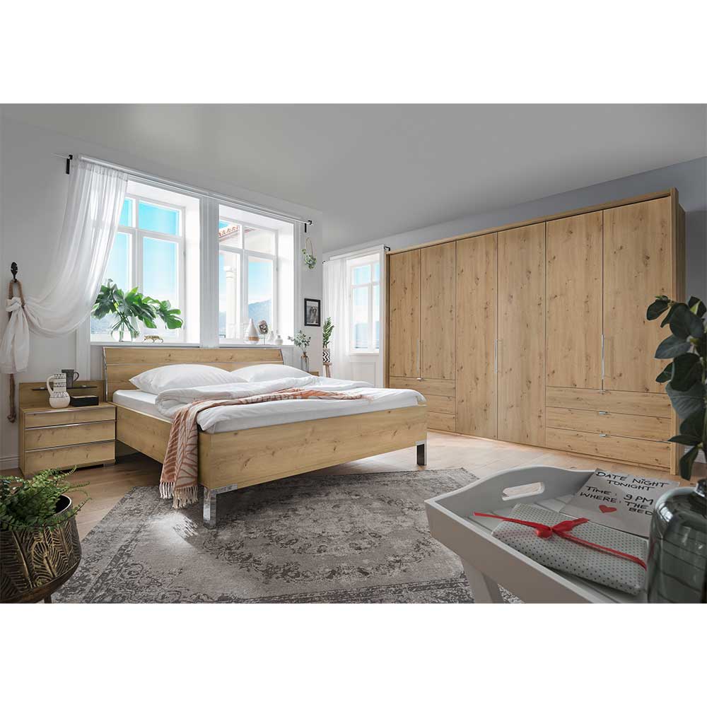 Schlafzimmer Set Faszana in Eiche Bianco mit großem Kleiderschrank (vierteilig)