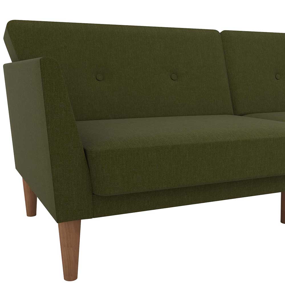 Ausklappbares Sofa Bea in Oliv Grün mit Fußgestell aus Holz