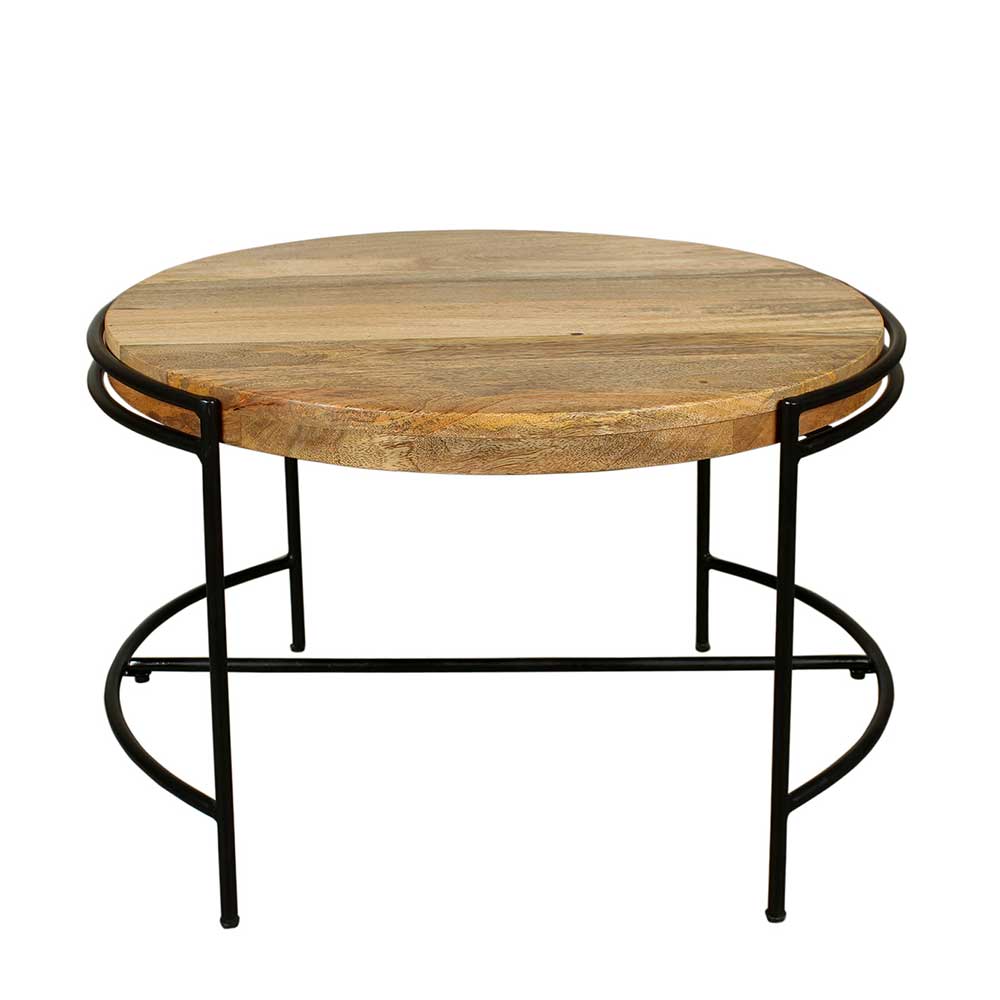 Runder Wohnzimmer Tisch Emjana aus Mangobaum Massivholz und Metall