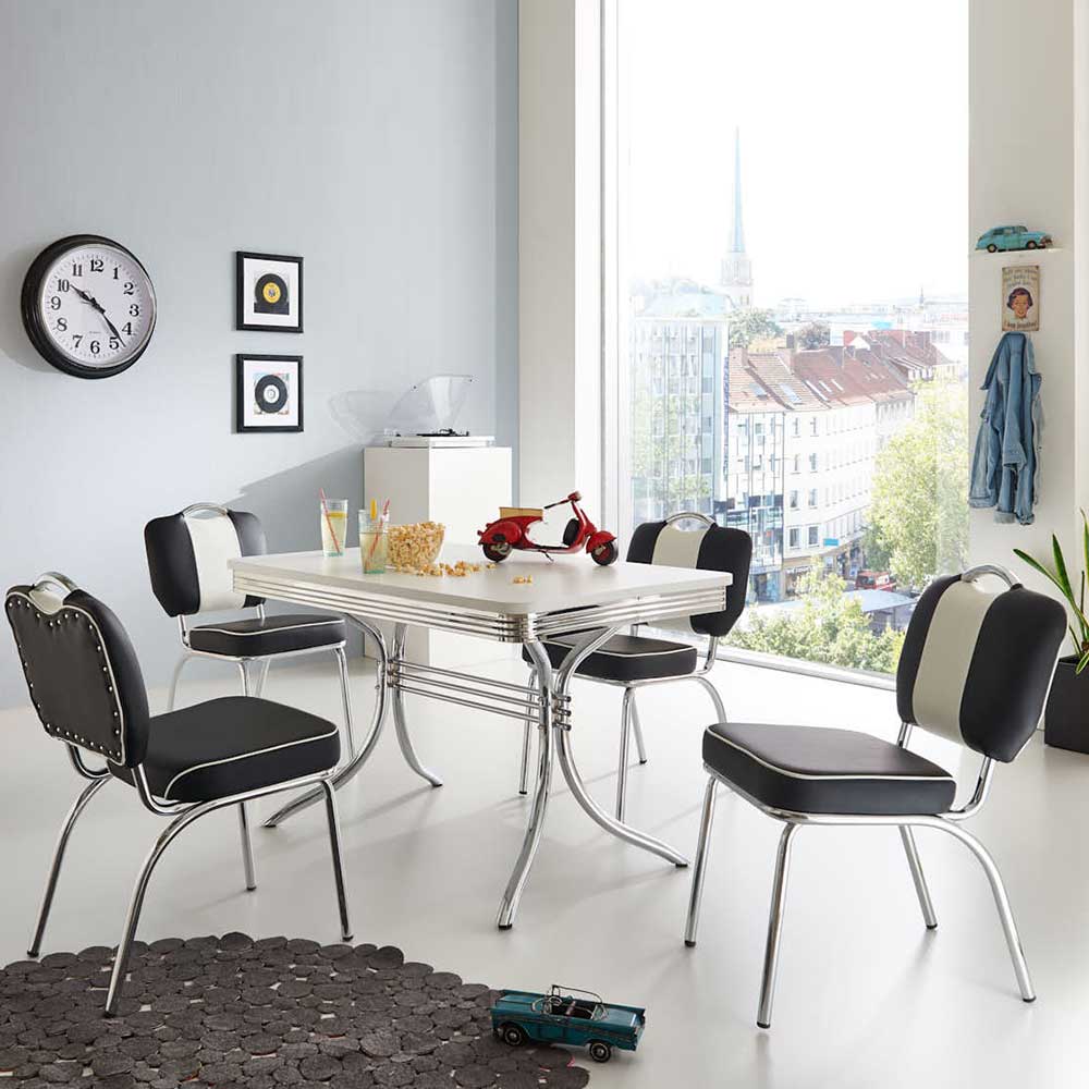 Tisch und 4 Stühle Grove im Retro Look Schwarz Weiß gestreift | Pharao24.de