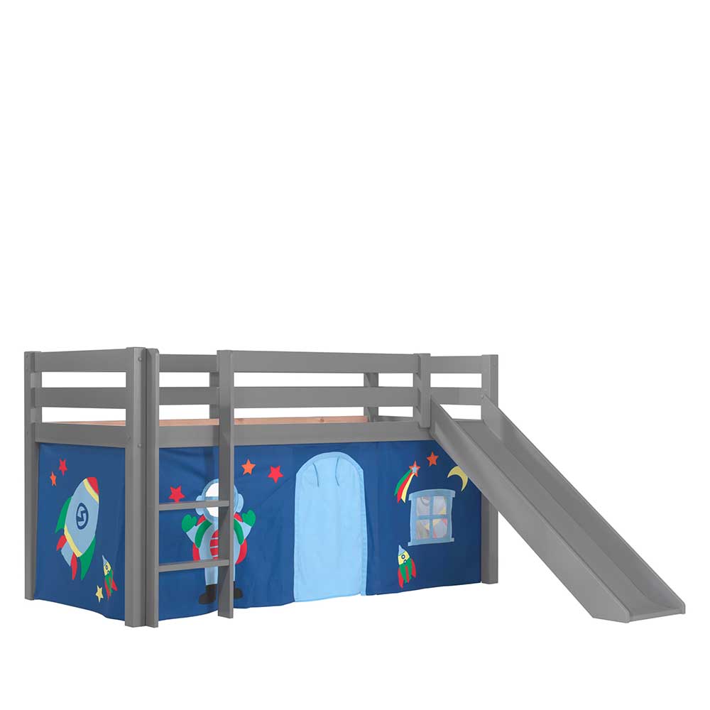 Graues Kinderzimmer Bett Lilano mit Vorhang Weltraum Motiv