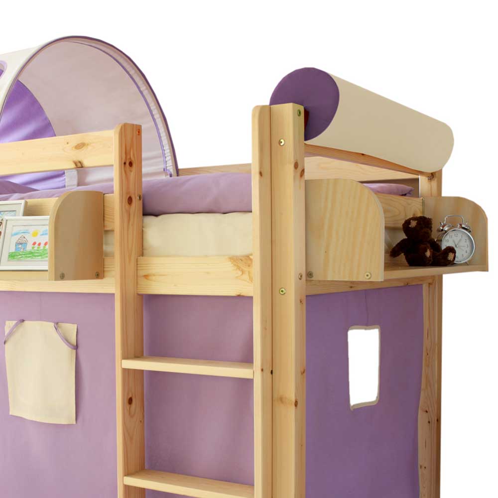 Kinderhochbett Millena aus Massivholz und Webstoff mit Vorhang