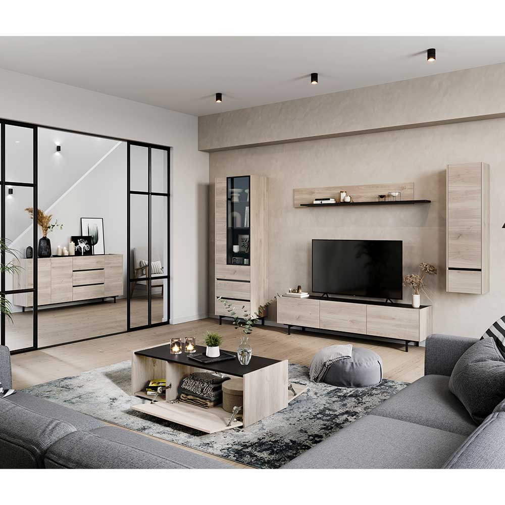 Wohnzimmermöbel Cilarisa in modernem Design - Eiche hell und schwarz (sechsteilig)