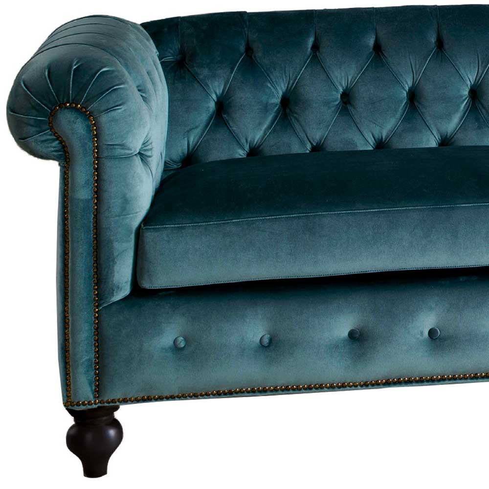 Chesterfield Couch Sinkala in Petrol Samt 205 cm breit