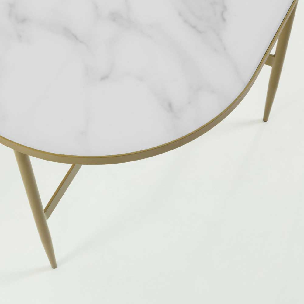 Glas Salontisch Alberta in Weiß und Goldfarben mit ovaler Tischplatte