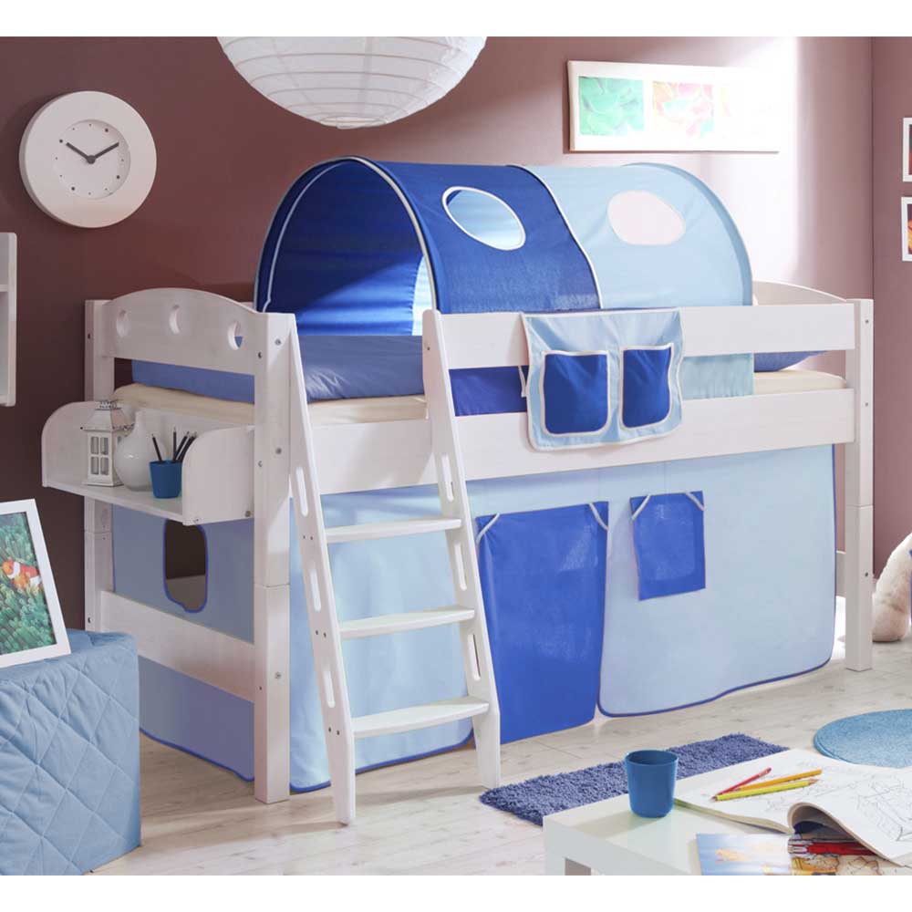 Halbhohes Bett Kitza für Kinderzimmer mit Vorhang in Blau