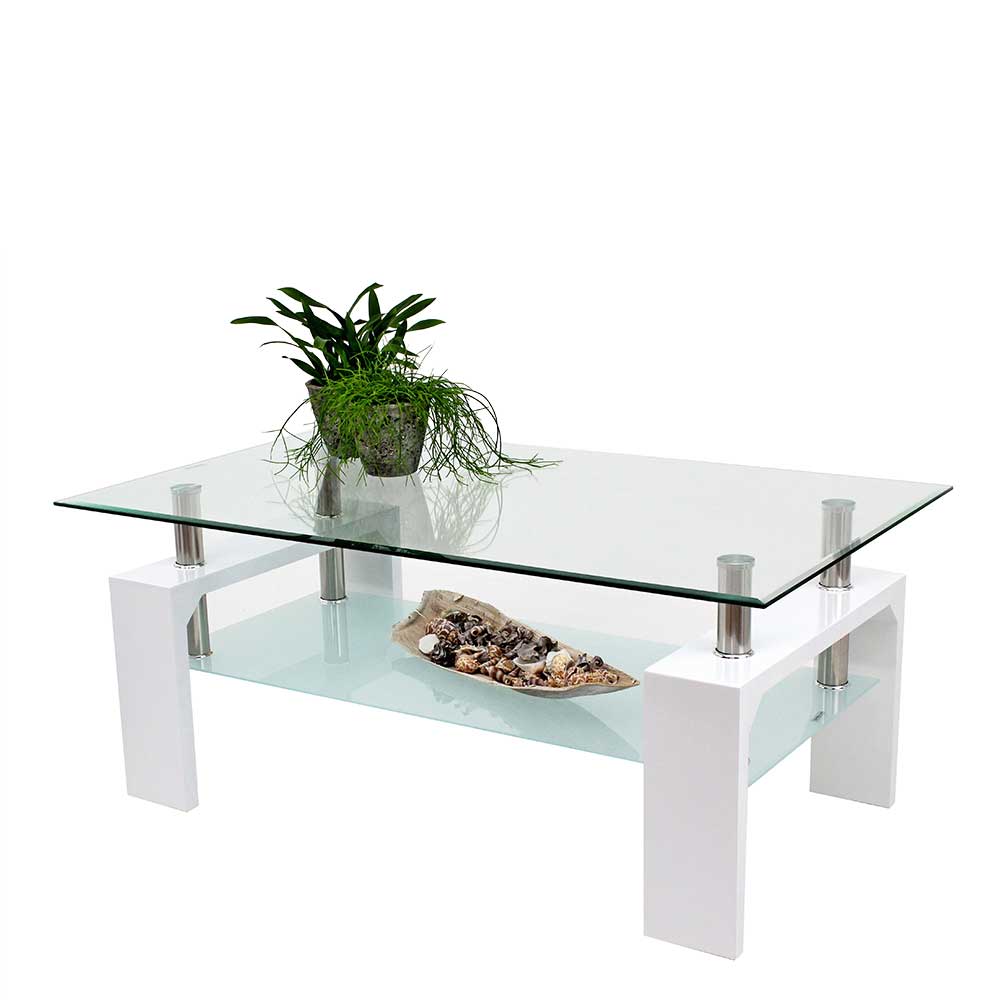 Hochglanz Sofa Tisch Azona in Weiß mit Glasplatte