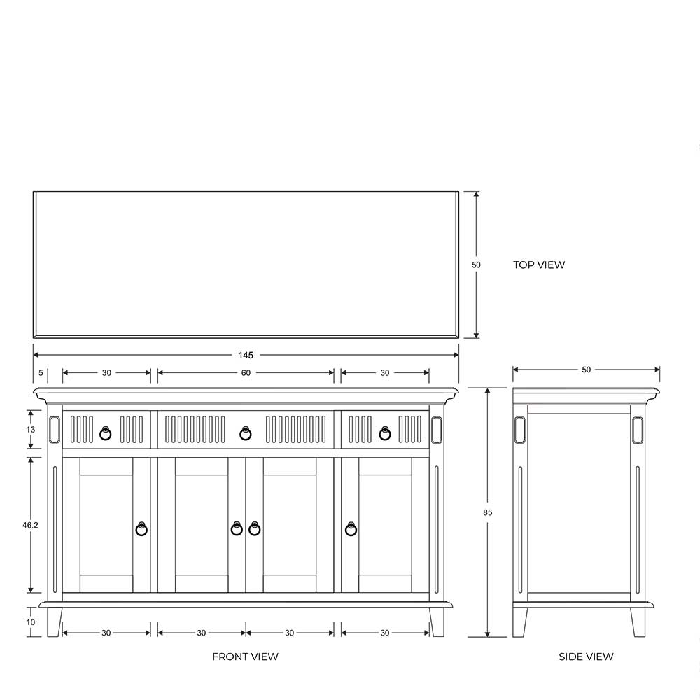 Landhaus Sideboard weiss Lominda mit drei Schubladen 145 cm breit