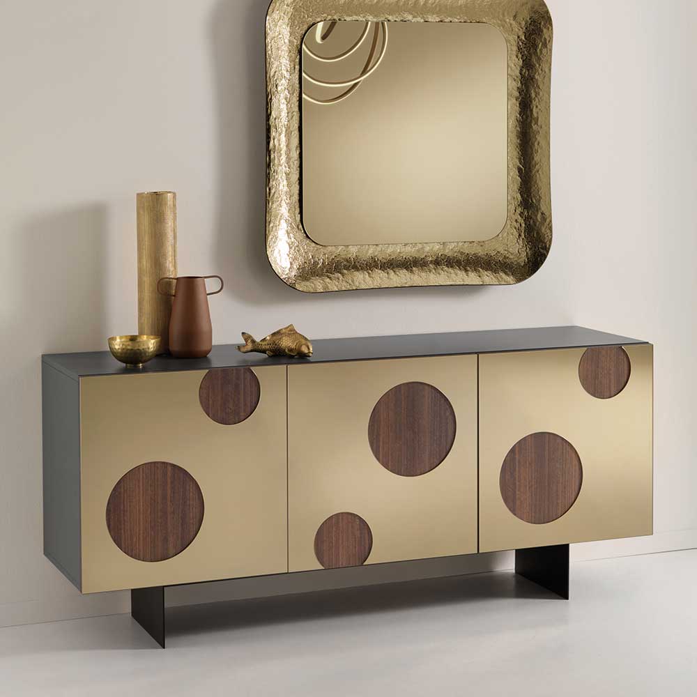 Sideboard Lomerio in Bronze und Teakfarben mit Spiegelfront
