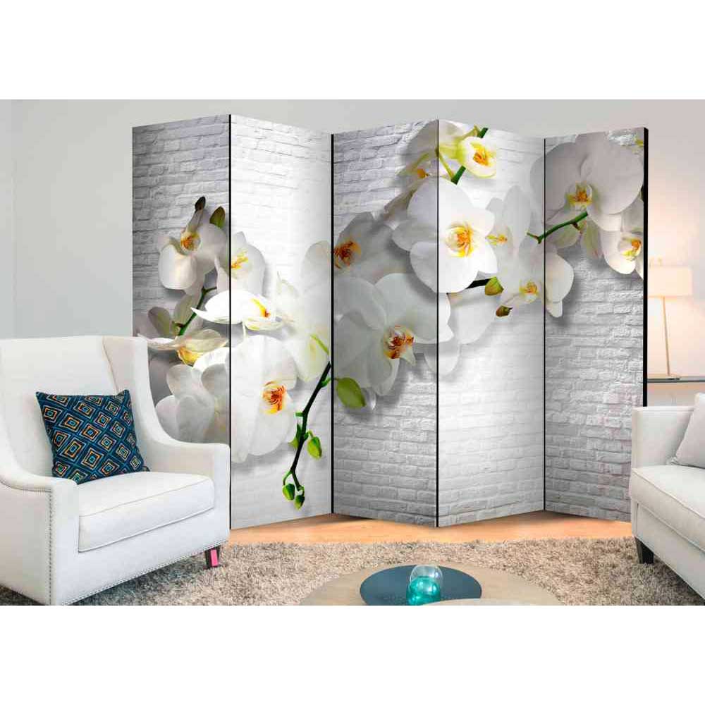 Raumteiler Paravent Raistan in Mauer Optik mit weißen Orchideen 225 cm breit